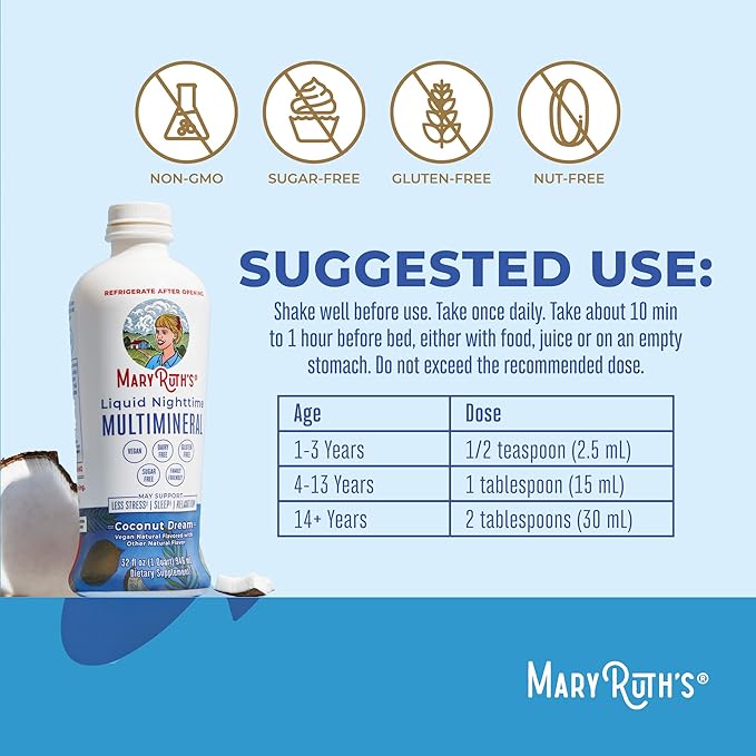 MaryRuth's Liquid Nighttime Multimineral | NO Melatonin | Bedtime Routine | Magnesium Citrate | Calcium | Zinc | Vitamin D3| Available in 4 Flavors | Vegan | Sugar Free | Gluten Free | 32 Oz