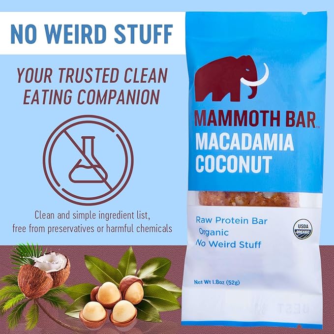 Mammoth Bar Macadamia Coconut Bar - 10 Organic Protein Bars – Prebiotic • Paleo • Gluten Free • Egg Protein • GMO Free • Raw • Premium Nuts