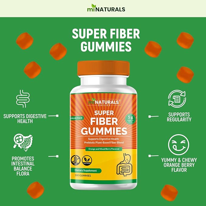 Prebiotic Fiber Supplement Gummies | Value Pack - 180 ct | 5 g per Gummy | Plant Based Digestive Gut Cleansing | Orange & Mixed Berry
