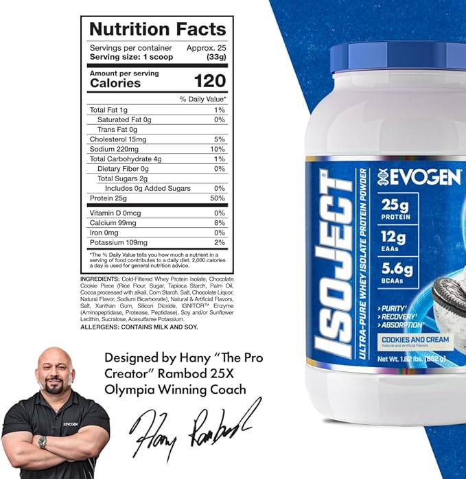 Evogen Isoject - Whey Protein Isolate | Ultra-Pure Whey Protein Powder with Ignitor Enzymes, BCAAs, and EAAs | Enhanced Absorption & Recovery | Cookies and Cream | 25 Servings