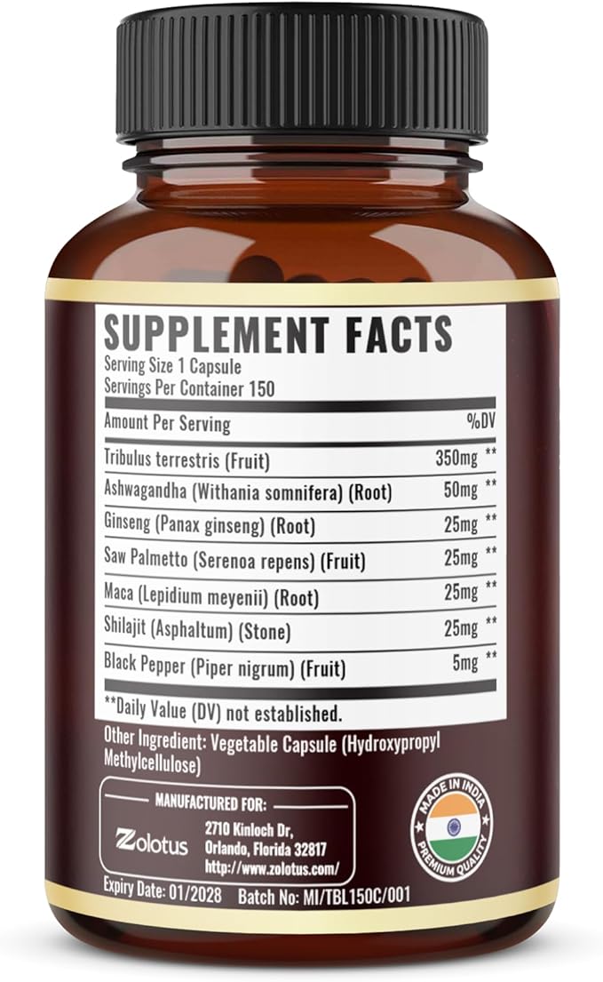 Tribulus Terrestris Supplement for Men & Women, 5-Month Supply with Ashwagandha, Panax Ginseng, Saw Palmetto, Maca, Shilajit, 150 Count