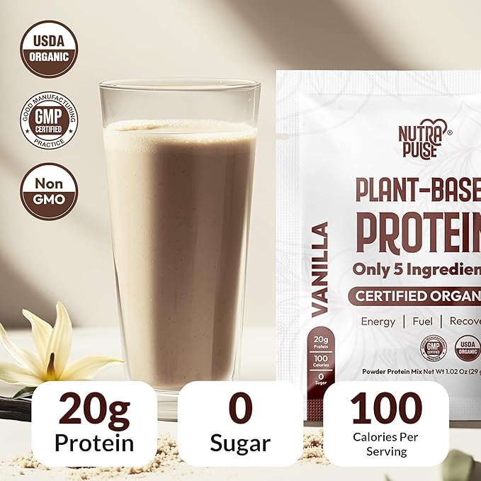 Organic Vegan Protein Powder Sample Pack – Vanilla Flavor – 29g Plant-Based Protein Per Serving – Gluten-Free, Dairy-Free, Non-GMO – Perfect for Shakes & Smoothies – 24 Count