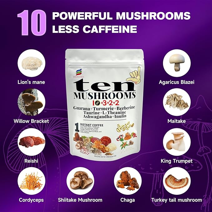17-in-1 Mushroom Coffee with Guarana, Turmeric, Berberine, Taurine, L-Theanine, Ashwagandha & Inulin for Focus, Energy, Immunity, Stress Relief & Digestive Health-10 Mushroom Instant Coffee (60 Srvs)