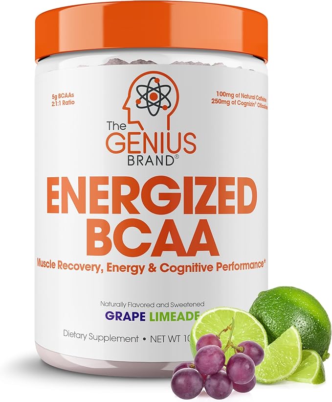 Genius BCAA Powder - 5g Vegan BCAAs L-Glutamine, Cognizin & Rhodiola Muscle Recovery Energy Support 100mg Caffeine Pre, Intra, Post-Workout Nootropic Supplement for Focus & Performance - Grape Limeade