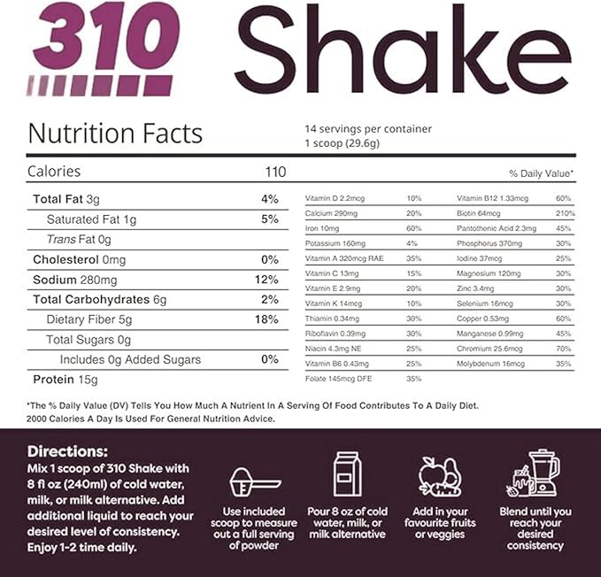 310 Nutrition All-In-One Meal Replacement Shake-Superfood Protein with Fiber, Probiotics & Adaptogens โ Low Carb, Vegan, Keto & Paleo Friendly - ๐ฎ๐ด ๐ฆ๐ฒ๐ฟ๐๐ถ๐ป๐ด๐ ๐ ๐ผ๐ฐ๐ต๐ฎ