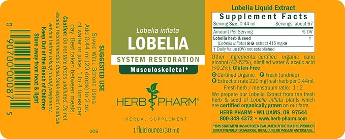 Herb Pharm Certified Organic Lobelia Liquid Extract for Musculoskeletal System Support - 1 Ounce (DLOBEL01)