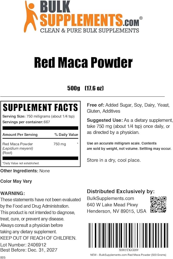 BulkSupplements.com Red Maca Powder - Maca Supplement. Red Maca Powder for Women & Men, Red Maca Root Powder - Vegan & Gluten Free, 750mg per Serving, 500g (1.1 lbs) (Pack of 1)