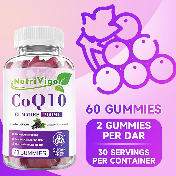 CoQ10 Gummies, Coenzyme Q10 Supplement 200mg, High Absorption CoQ10 Supplement for Cellular Energy and Immune Health, Vegan, Gluten Free, Elderberry Flavor, 120 Count