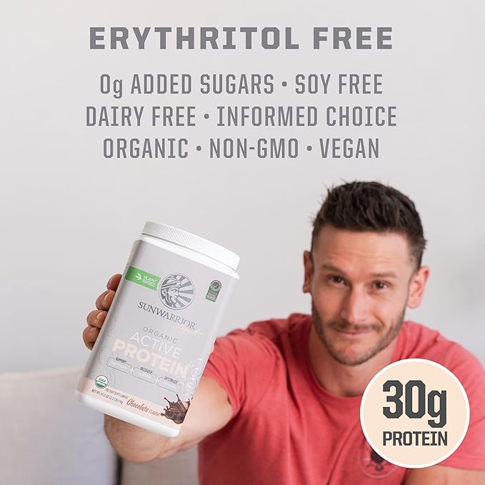 Sunwarrior Vegan Protein Powder Plant-Based USDA Organic BCAAs 30g per Serving | Sugar, Gluten, Dairy Free Non-GMO | Chocolate Flavored, 20 Servings | Active Sport
