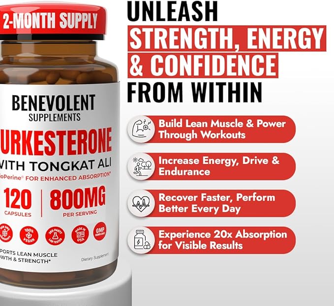 BENE Turkesterone with Tongkat Ali & BioPerine (Max Absorption) - Highest Purity 8,000mg Turkesterone Supplement for Men & Women - Increase Stamina, Muscle Growth, Drive & Recovery, 2 Months Supply
