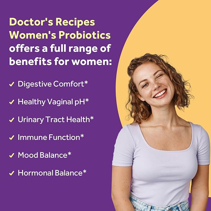 Doctor's Recipes Probiotics for Women, 100 Billion CFU, 18 Probiotic Strains, Prebiotics, Cranberry, P-5-P & VC, Vaginal, Digestive, Mood, Urinary Tract Health, Shelf-Stable, 30 Vegan Caps