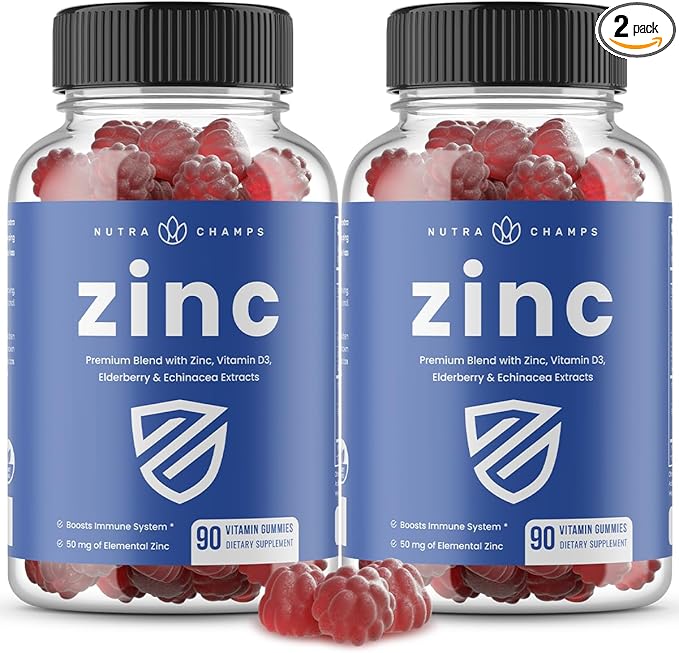 NutraChamps 4-in-1 Zinc Gummies, 50mg Chewable Zinc Supplement Gummies with Vitamin D3 2000 IU, Elderberry & Echinacea, Immune, Heart & Brain Support, 180 Count (Pack of 2)