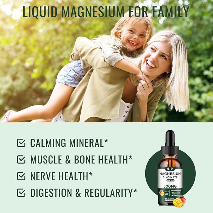 Magnesium Glycinate Supplement, Magnesium Liquid Drops with Magnesium Glycinate 500mg Ashwagandha, L - Theanine, Chamomile -Support Stress Relief, Bone, Muscle, Mood Vegan Natural Mango Flavor 2 Pack