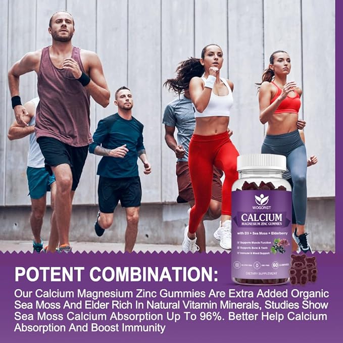 Calcium Magnesium Zinc Gummies with Vitamin D3 - High Absorption Complex Calcium Supplement with Sea Moss, Elderberry for Bone, Muscles, Immune, Mood & Sleep Support, Vegan - 60 Gummies