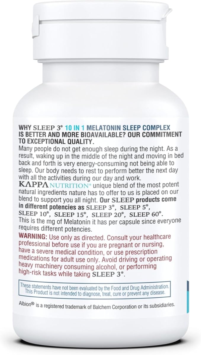 KAPPA NUTRITION Sleep 3, Sleep Aid, 3mg of Melatonin, 60-Day Supply, Non-Habit Forming Vegan Capsules Natural Ingredients for Easier Bedtime, Herbal Supplement, Valerian Root, Chamomile Non-GMO