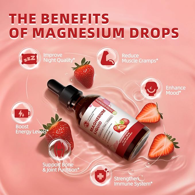 Magnesium Glycinate Liquid Drops, Magnesium Liquid Supplement with Cellulose Fiber, Bromelain, Vitamin C, D, B6, Zinc for Night, Muscle & Energy Support, Strawberry Flavor, 1 Fl Oz (Pack of 2)