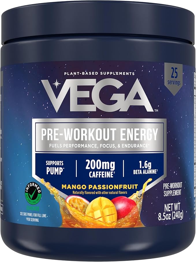 Vega Pre-Workout - 200mg Caffeine, Energy & Focus, Mango Passionfruit, 25 Servings, 1.6g Beta Alanine, 6g Citrulline Malate, Energy & Focus Drink Mix, Vegan, Gluten & Dairy Free, No Sugar Added, 8.4oz