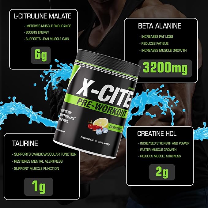 X-CITE Pre-Workout by ATHLEAN-X - Enhanced Formula with Beta-Alanine, Creatine & Caffeine for Ultimate Energy, Endurance, Focus & Muscle Pump, NSF Certified (22 Servings, Sour Blue Raspberry)