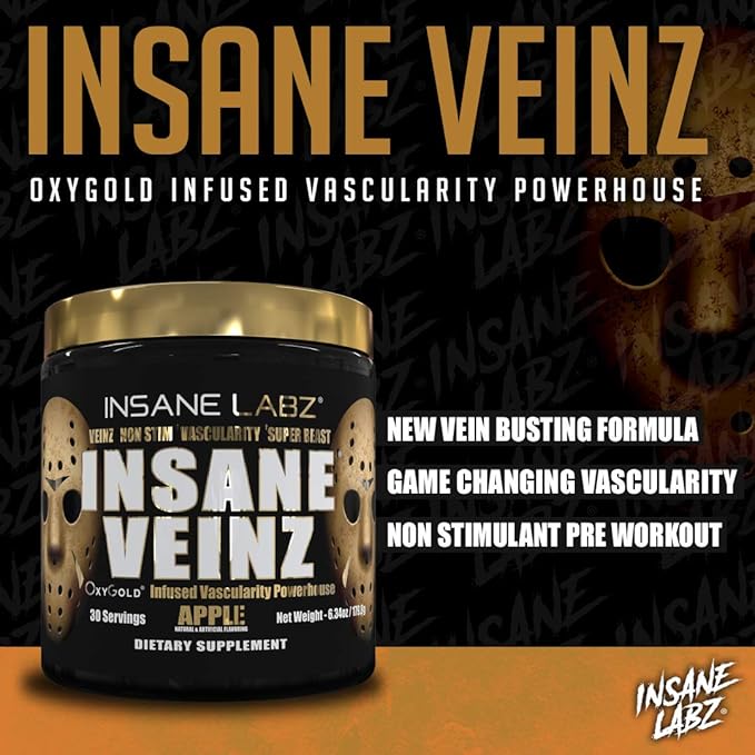 Insane Labz Insane Veinz Gold, Nitric Oxide Non Stimulant pre Workout Powder, Loaded with Hydromax, Nitrosigine, Increases Vascularity and Blood Flow, 30 Srvgs, Fruit Punch