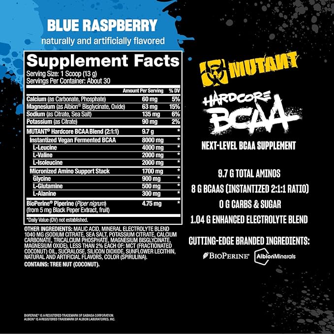 Mutant Hardcore BCAA - Pre, Intra or Post Workout – BCAA Next Level branched-Chain Amino Acids Supplement – Hydration + Recovery - 30 Serving - Blue Raspberry