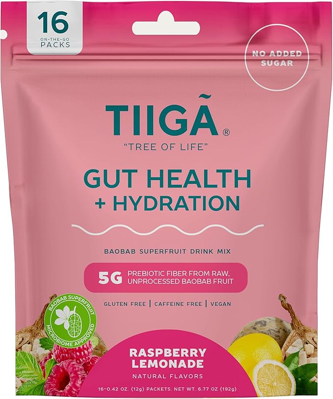 Tiiga 2-in-1 Gut Health + Hydration Drink Mix – Natural Debloat Formula with 75%+ Baobab & Coconut Water. High in Antioxidants, Prebiotics, Zero Added Sugar, Supports Digestion, Energy & Helps Debloat