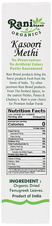 Rani Organic Fenugreek Leaves Dried (Kasoori Methi) 3.5oz (100g) ~ All Natural | Vegan | Gluten Friendly | NON-GMO | Indian Origin | USDA Certified Organic