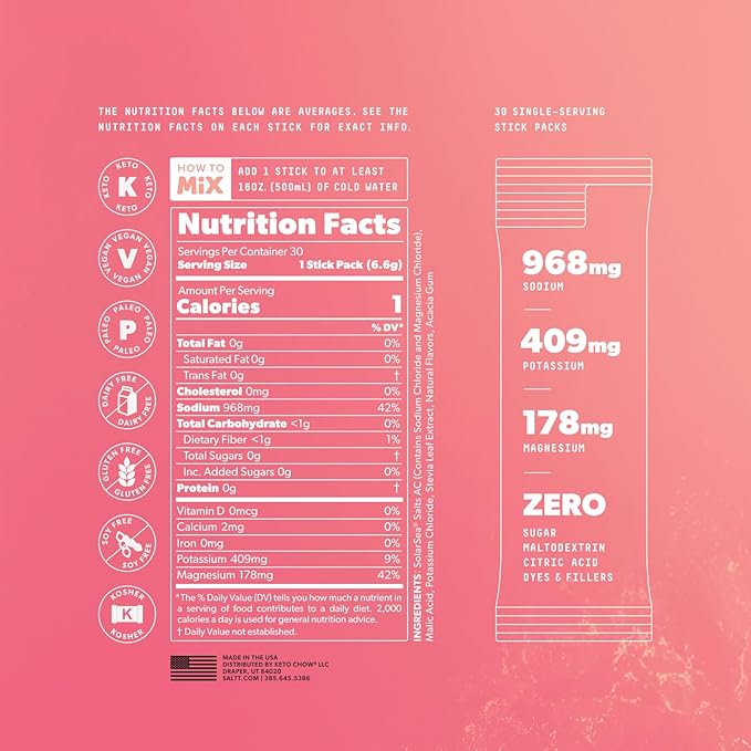 Keto Chow SALTT Electrolytes Powder Flavored Drink Mix - All Things Fruit - 30 Hydration Packets - Magnesium, Potassium, Sodium, Trace Minerals - Zero Sugar & Gluten Free - Travel Essentials