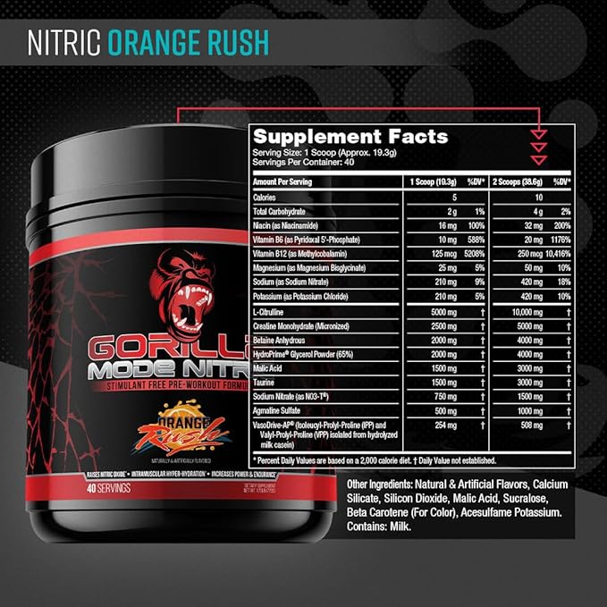 Gorilla Mode Nitric Upgraded Stimulant Free Pre-Workout – Best Tasting and Most Effective Stimulant Free Pre-Workout/Massive Pumps · Vasodilation · Power / 772 Grams (Orange Rush)