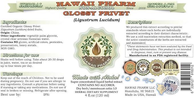Glossy Alcohol-Free Liquid Extract, Organic Privet Glossy Privet (Ligustrum Lucidum) Dried Fruit Glycerite Hawaii Pharm Natural Herbal Supplement 2 oz