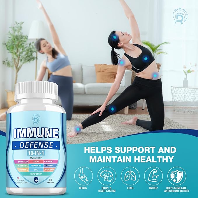 Immune Support Supplement, 10-in-1 Immune Defence with Vitamin C,B6,B12,VIT D, Zinc, Echinacea Turmeric Elderberry Immune Boosters for Adult - 120 Capsules(2 Pack)