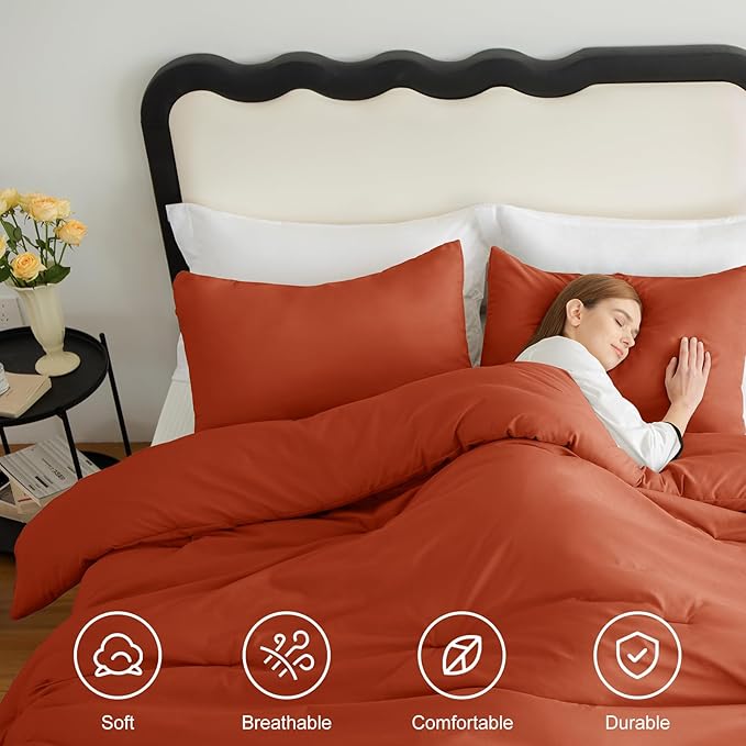 CozyLux Terracotta Comforter Set Full Size, 3 Pieces Solid Burnt Orange Breathable Quilted Style Bedding Sets, Rust Luxury Fluffy Soft Microfiber Comforter for All Season(1 Comforter & 2 Pillowcases)