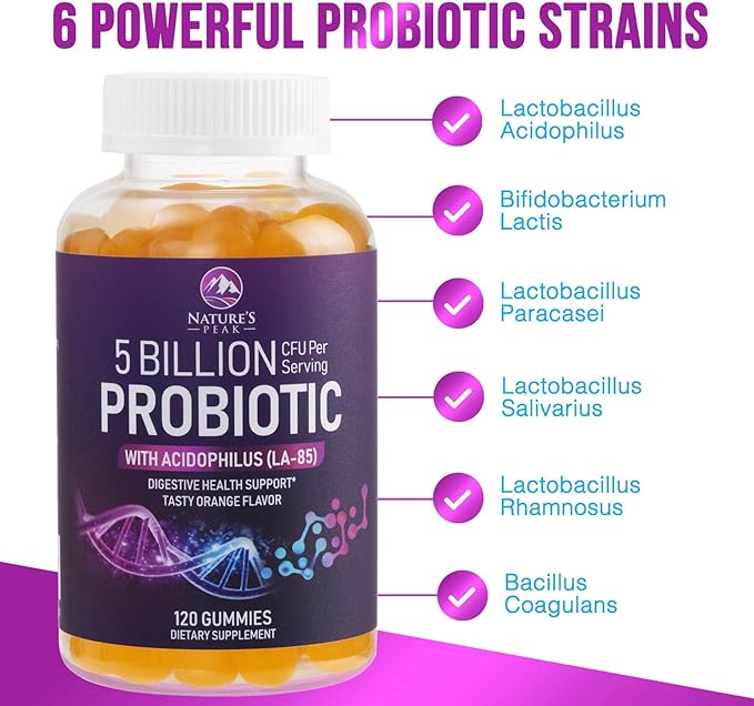 Probiotic Gummies for Women, Men & Teens - 5 Billion CFUs, 6 Probiotic Strains, Orange Flavor - Daily Gummy Probiotics Supplement for Natural Digestive Health, “Good” Gut & Immune Support - 120 Count