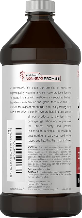 Horbäach L-Carnitine Liquid 16 oz | 3000 mg | Berry Flavor | Vegetarian Formula | Non-GMO, Gluten Free Supplement