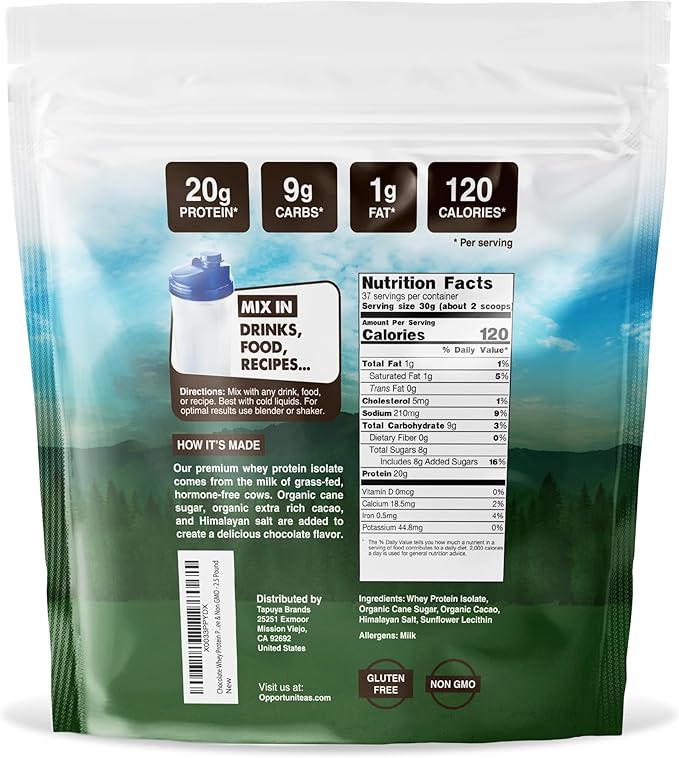 Opportuniteas Grass Fed Chocolate Whey Protein Isolate Powder - 20g Protein Powder Without Artificial Sweeteners, Hormone-Free Cows, Non GMO - 2.5lb