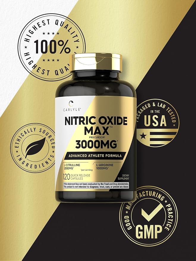 Carlyle Nitric Oxide Supplement 3000mg | for Men and Women | 120 Capsules | Pre Workout with L-Arginine & L-Citrulline | Non-GMO, Gluten Free