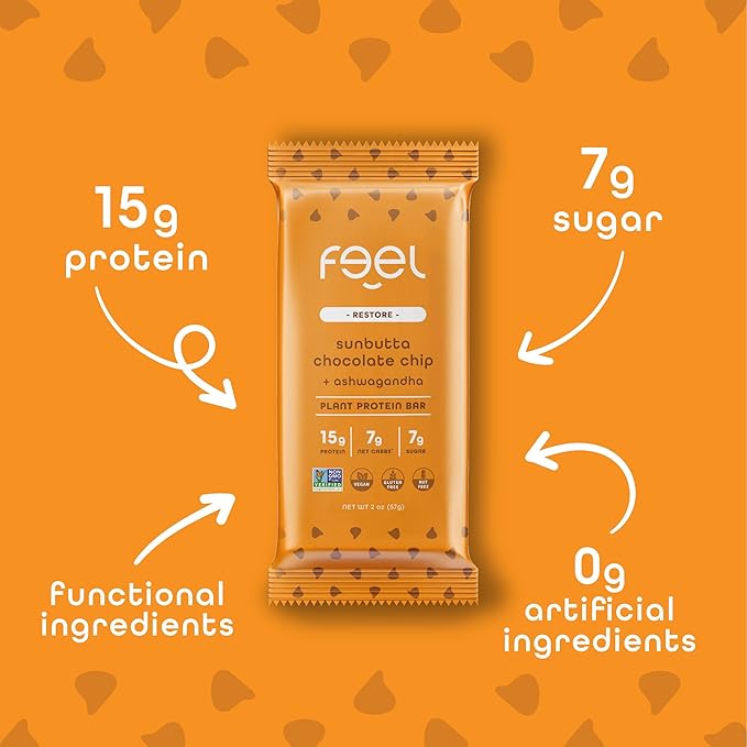 Feel Vegan Protein Bars | Sunbutta Chocolate Chip | Keto | Gluten Free | Organic | Ashwagandha | 15g Plant Protein | Low Carb | High Protein | Dairy Free | Low Sugar | Grain Free | Nut Free | Soy Free | Non GMO - (Sunbutta Choco Chip, 10 Pack)