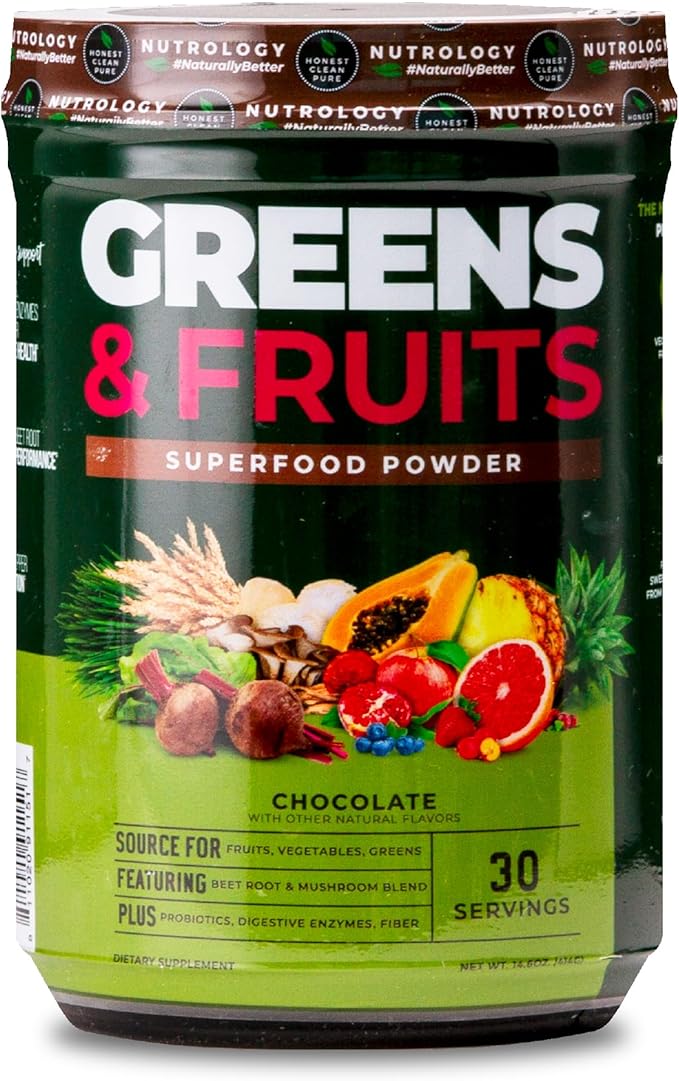 Nutrology Greens & Fruits Powder-Naturally Sourced Fruits, Vegetables, Beet Powder & Mushroom Blend, Probiotics, Digestive Enzymes, Fiber, Antioxidants, Immune Support, Gluten Free - Chocolate