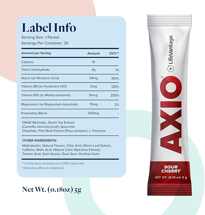 LifeVantage - AXIO - Regular Energy Drink Powder, Sour Cherry - with B Vitamins, DMAE, L-Theanine, Quercetin, Green Tea and Pine Bark - 30 Packets