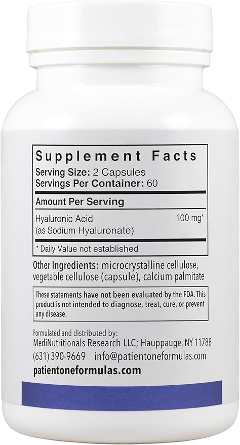 Patient One Hyaluronic Acid 100mg | Supplement to Support Hydrated, Youthful Skin and Joint Health* | 120 Capsules