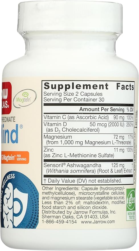 Jarrow Formulas Magnesium L-Threonate, MagMind Immuno-Stress, Dietary Supplement Featuring Ashwagandha and Immunity Support, Vitamins C & D, 60 Capsules, Up to a 30 Day Supply