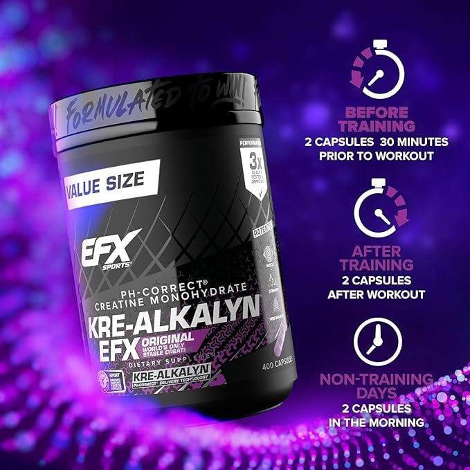 EFX Sports Kre-Alkalyn EFX | pH Correct Creatine Monohydrate Pill Supplement | Strength, Muscle Growth & Performance | 200 Servings, 400 Capsules