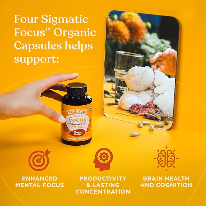 Four Sigmatic Focus Capsules | Lion's Mane Supplement Capsules | Brain Boosting Complex with Ashwagandha, Bacopa Monnieri & Rhodiola | Vegan Nootropic Adaptogen & Mushroom Supplement | 30 Servings