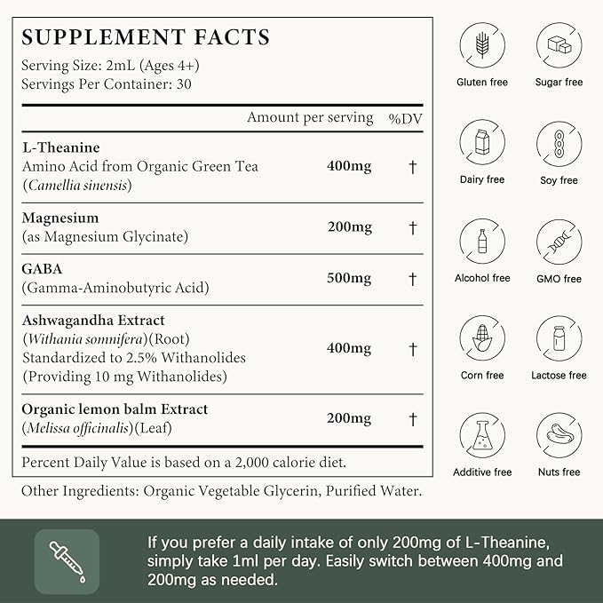 Oasisforce L Theanine 400mg Liquid Drops, L-Theanine Supplement for Adults & Kids with GABA, Magnesium & Ashwagandha, Natural Sleep, Focus & Relaxation Support, Vegan, Alcohol-Free, Non-GMO, 2 FL OZ