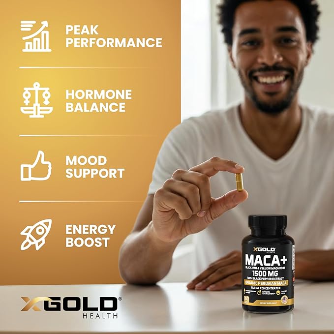 X Gold Health Organic Maca Root Powder Capsules 1500mg with Black | Red & Yellow Peruvian Maca Root Extract Gelatinized, Energy & Mood Supplement for Men & Women + Black Pepper for Best Benefits