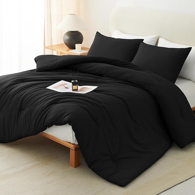 CozyLux Black Comforter Set Twin/Twin XL Size, 2 Pieces Twin Extra Long Boho Solid Breathable Quilted Style Bedding Sets, Luxury Fluffy Soft Microfiber Comforter All Season(1 Comforter & 1 Pillowcase)