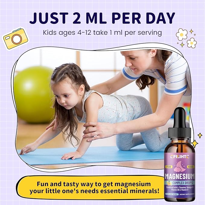 Kids Magnesium Liquid Drops-Magnesium Glycinate Liquid for Kids Supplement-w/L-theanine, Omega-3, Vitamin B6, D3 - for Sleep, Relaxation, Brain, Bones - Pineapple Flavor, 2 Fl Oz