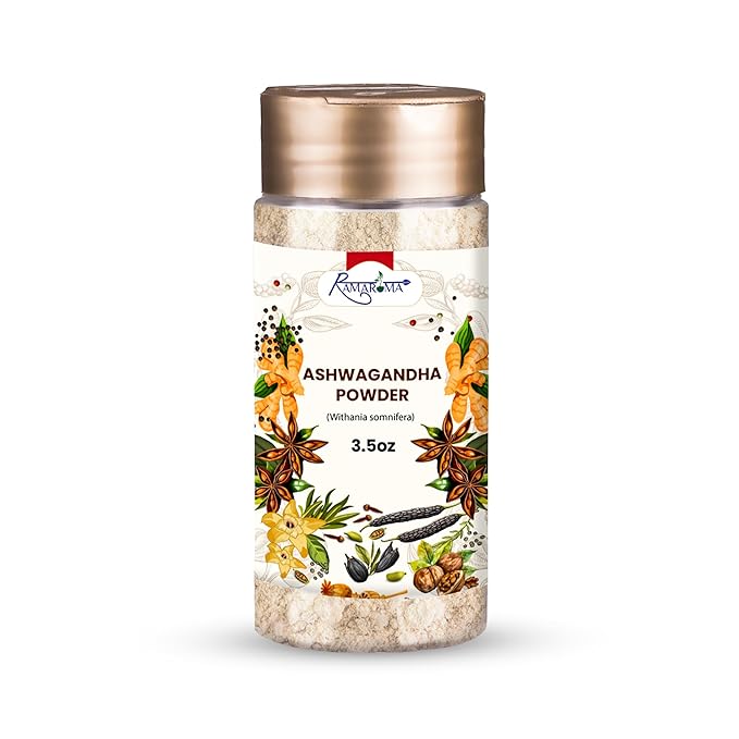 Ramaroma Ashwagandha Root Powder 3.5 oz (100g), Premium Withania Somnifera, Dual Shifter Jar for Easy Use
