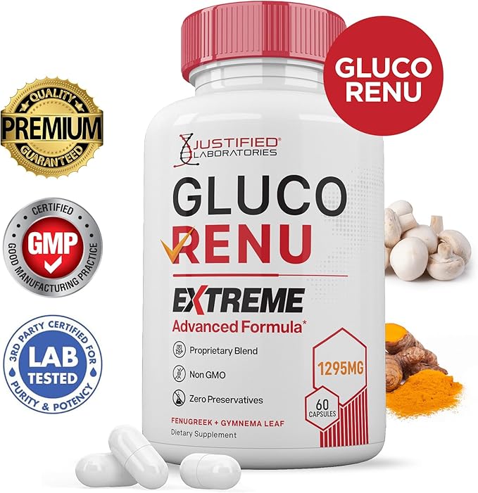 (5 Pack) Gluco Renu Extreme 1295MG Glyco Support Pills Advacned Formula Gluo Renew Glycogen Support Formulated with Turmeric Berberine Resveratrol Garlic Bitter Melon Milk Thistle 300 Capsules