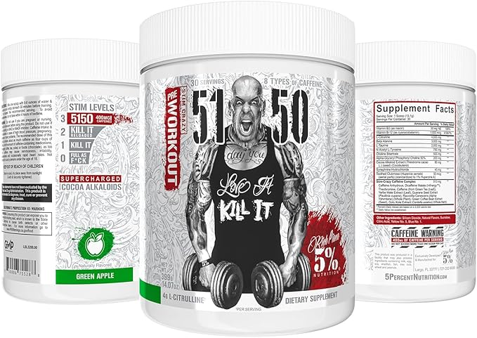 5% Nutrition Rich Piana 5150 High Stim Pre-Workout Powder | Extreme Energy, Focus, Pumps & Endurance | 400 mg Caffeine, Citrulline, Beta Alanine, N-Acetyl L-Tyrosine | 30 Srvgs (Green Apple)