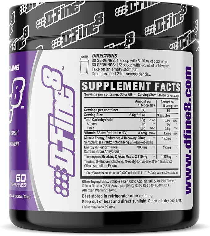 Thermogenic Pre-Workout Energy Powder & Shredding Supplement, Boost Energy Mood & Focus, Sugar Free, Contains Senactiv, Endurance, 300mg Caffeine, N-Acetyl-L-Tyrosine (Fierce Grape)